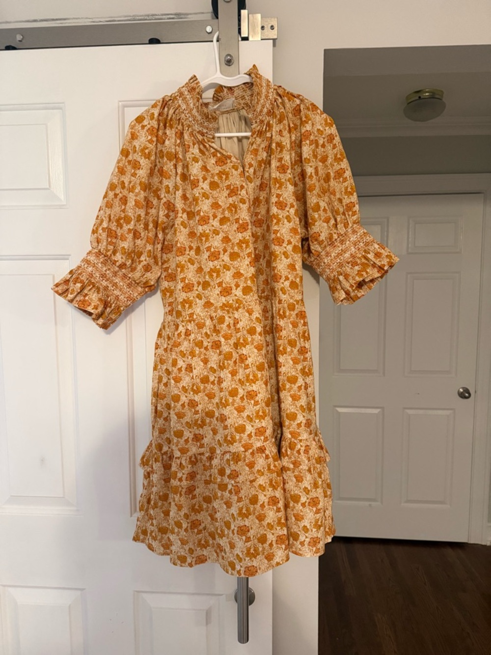 Hyacinth House/ Tuckernuck Smocked Ruffle Midi Dress in Mustard Floral